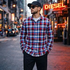 Diesel 100% Cotton Plaid Button Down Shirt Red Blue Check Casual Classic Men's